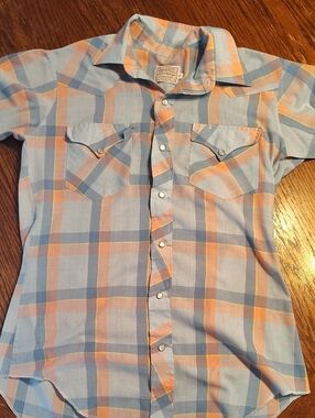 Vintage H Bar C Light Blue and Peach Plaid Short-Sleeve Men's Shirt 15 Medium